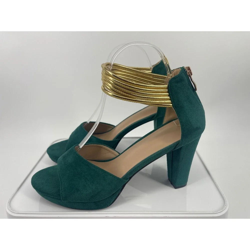 Green Faux Suede Platform Sandals Gold Ankle Cuff Block Heel Women Size 40 9
